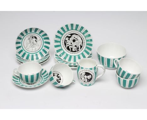 DAME LAURA KNIGHT FOR FOLEY, a china service for four place settings printed in black with Bloomsbury style cavorting nudes a