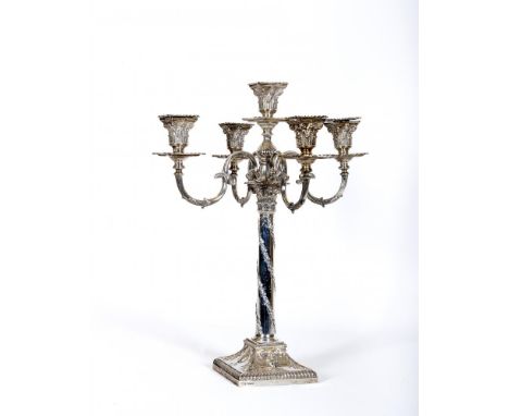 AN EDWARDIAN SILVER FOUR BRANCH FIVE LIGHT CANDELABRUM, maker Hawksworth Eyre & Co. Ld., Sheffield 1909, the Corinthian capit