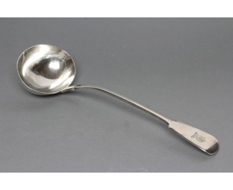 A VICTORIAN SILVER SOUP LADLE, maker George Angell, London 1868, in Fiddle pattern engraved with an armorial, 13" long, 7ozs 