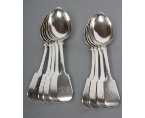 A SET OF NINE VICTORIAN SILVER DESSERT SPOONS, maker J. Stone, Exeter 1857, in Fiddle pattern, engraved "R", 13ozs 10dwts tot