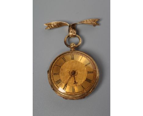 A VICTORIAN 18CT GOLD FOB WATCH, the gilt dial with black Roman numerals to the engine turned chapter ring, the movement engr