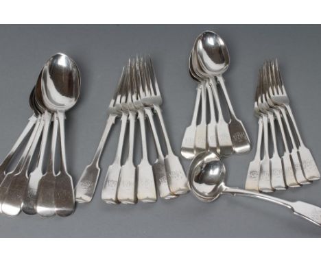 A LATE VICTORIAN SILVER PART TABLE SERVICE, maker George Maudsley Jackson, London 1896, in Fiddle pattern, comprising six eac