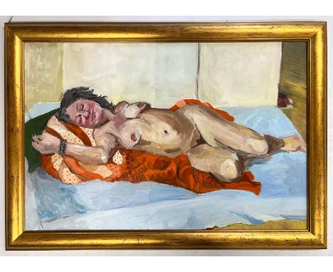 Robin Symes (British school, 1939-2023)Untitled - Portrait of a Lady Laying on Orange &amp; Blue BlanketsOil on canvas Unsign