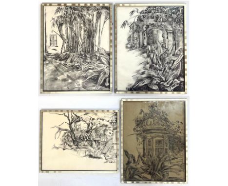 Robin Symes (British, 1939-2023)Untitled - Series of four exotic landscape drawingsCharcoal on paperUnsignedFramed &amp; glaz