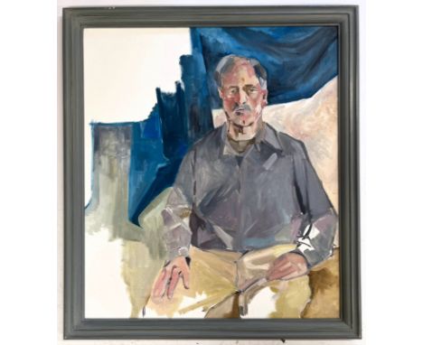 Robin Symes (British, 1939-2023)Untitled - Portrait of a Man in Grey Shirt and blue groundOil on canvasUnsignedFramedMeasures