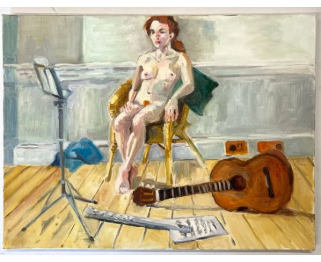 Robin Symes (British, 1939-2023)
Untitled - Portrait of nude female sitter with guitar &amp; fluteOil on canvasUnsigned
Unfra