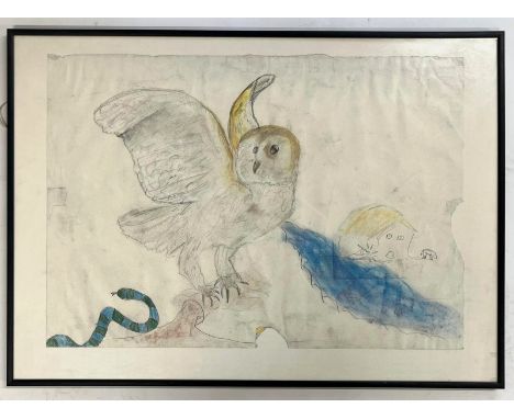 Believed Robin Symes (British, 1939-2023)Untitled - Naive study of owl and barn Graphite and colour pencil on paperUnsignedFr
