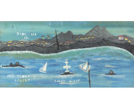 Canute Caliste (1914-2005), 'Light House', signed, oil on board, 17.5 x 35.5cm,Condition Report:  Clear visible damage to the