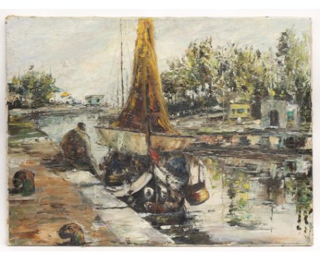K. Gualtieri (twentieth century), harbour scene. Oil on canvas. Signed lower left. Image size 60 x 81cm.
