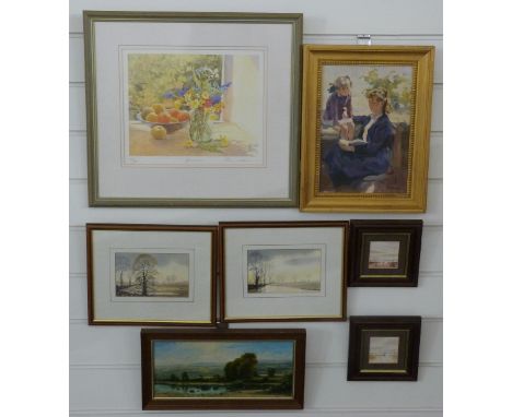 Signed limited edition print 'Primroses' together with five original watercolours etc including boats at sea and an oil of a 
