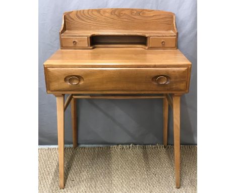 Retro Ercol Windsor light elm desk with single drawer and shelved gallery top, W68 x D47 x H94cm