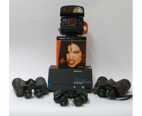 Polaroid 35mm power processor and 600 camera, and three pairs of binoculars comprising Regent 7x50, Boots Pacer 8x30 and Prin