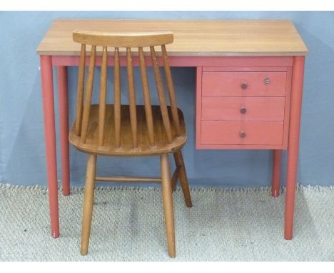 A small partially painted teak desk with three drawers, W90 x D46 x H72 and an Ercol chair