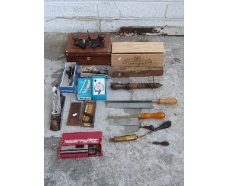 Tools including Stanley No.71 and No.6 planes, Rabone tools, treen, measuring instruments and a rosewood workbox 