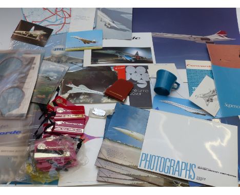 Concorde ephemera including promotional sales packs, print, luggage labels, cup, pop up models, photographs of production etc