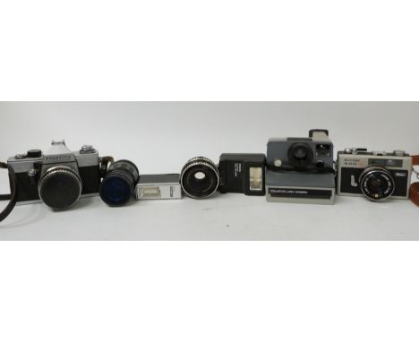 Three pairs of binoculars including Lilley and Reynolds London, Viper 9x40, cameras including Praktica LTL with 105 and 50mm 