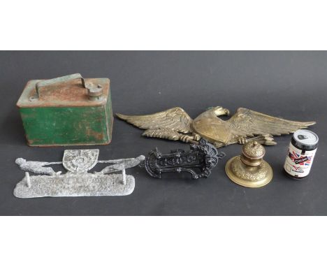 Vintage petrol can, brass eagle plaque, West Bromwich door knocker, West Midlands tug of war plaque, brass inkwell and a nove