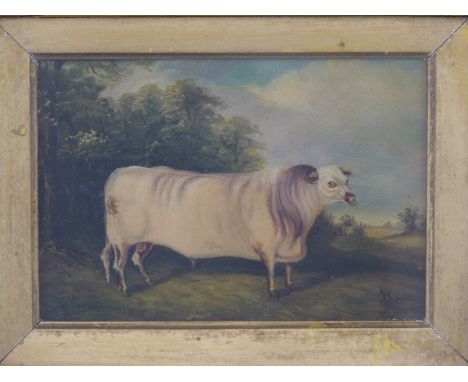 Oil on board 'Somerby's Prize Bullock All Norfolk First Prize, Heathcote Farm, Baconsthorpe, Aug 1868', monogrammed and dated