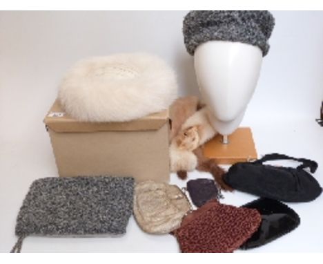 Graham Smith Style at Kangol Astrakhan hat and muff, vintage ladies Revillon fur hat in box, vintage evening bags and purses 