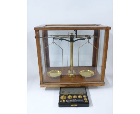 Philip Harris, Birmingham cased laboratory scale with weights 