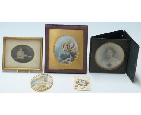 Portrait miniature lady by a mirror in part gilt frame together with four further portrait miniatures and similar