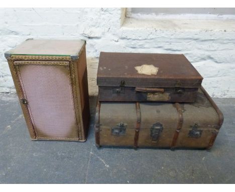 Lloyd Loom style cabinet, laundry type basket, leather suitcase and an ash bound trunk