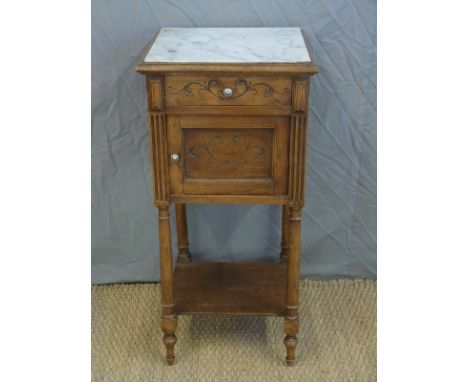 Continental marble-topped bedside cabinet with drawer and cupboard with shelf below, W39 x D37 x H84cm 