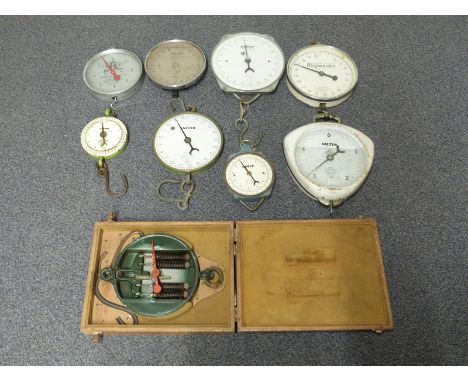 Nine Salter & other dial type spring balances or scales including an example to weigh fish with net 