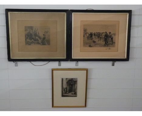 Three etchings comprising A. E. Howarth signed architectural study, Stanhope Forbes maritime scene and Norbert Goeneutte pay 