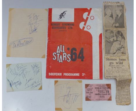 A collection of Rolling Stones autographs, to include all five of the original lineup including Brian Jones on a loose page, 