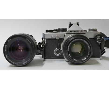 Olympus OM2N SLR camera with 1:1.8 f=50mm lens, Cosina 28-80mm 1:3.5 - 5.6 lens and bag