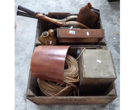 A quantity of wooden items etc to include wooden bucket, Bristol stoneware cider jar, vintage racquets etc, hemp rope, Victor