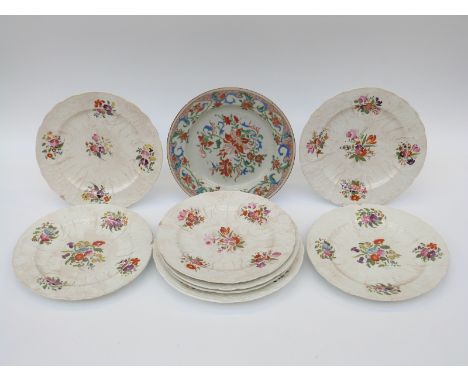 A collection of 19thC hand decorated relief moulded dessert plates and teaware marked 'New Scala Theatre'