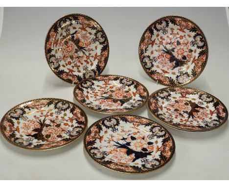 Seven Crown Derby dinner plates in 383 pattern with Mortlock's backstamp