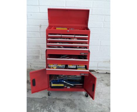 Snap on style Redline toolbox and contents including spanners, screwdrivers, many car repair tools, consumables etc, many wra