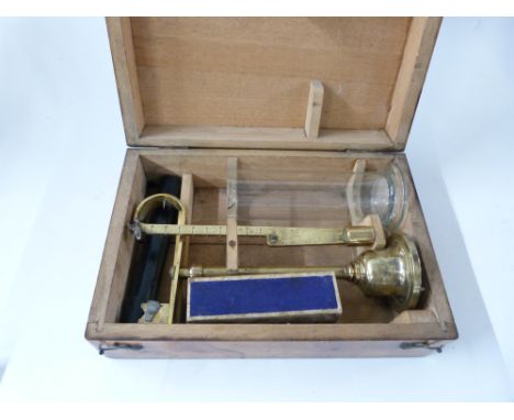 19thC cased specific gravity beam scale with glass sample beaker, minimum height 20.5cm