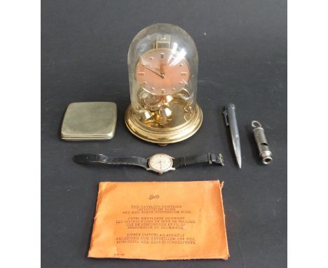 1945 Hudson military whistle, Ronson lighter pen, cigarette case, Fero wristwatch, clock, etc 