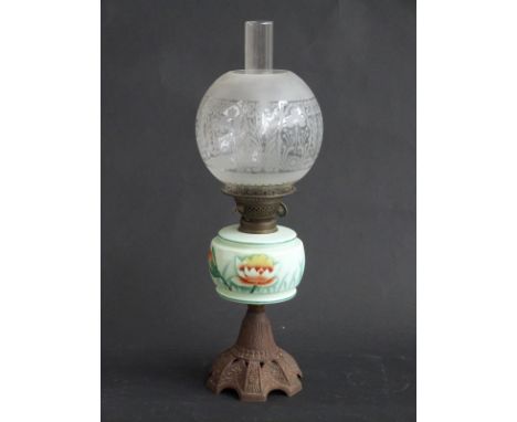 A 19thC oil lamp with painted glass