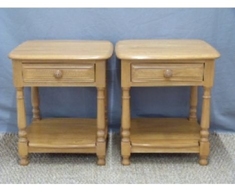 A pair of Ercol Windsor light elm lamp tables each with single drawer, W48 x D45 x H54cm 