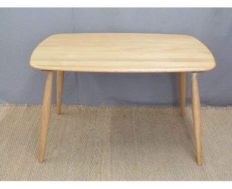 Ercol light elm curved rectangular table, new and unused, W120 x D73 x H74cm