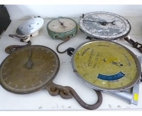Five dial type spring balances or scales including pig, milk and churn