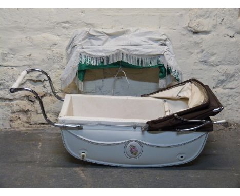 Silver Cross vintage pram basket in white with brown hood and ceramic plaque, with green canopy, 68cm approx  