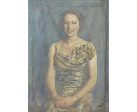 Oil on canvas portrait of a lady with floral dress, indistinctly signed and dated 38 lower right, approximately 75 x 53cm