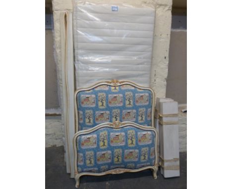 French single bed with painted vintage pine head and foot board, upholstered in vintage hand blocked fabric, W95cm