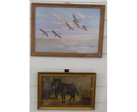 Oil on board of a donkey, 19cm x 29cm, together with a Peter Scott print dated 1933, 27cm x 38cm