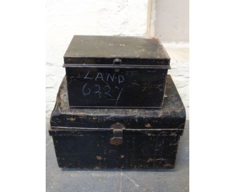 A dome topped metal steamer or travelling trunk together with a smaller metal box, largest W85 x D60 x H50cm