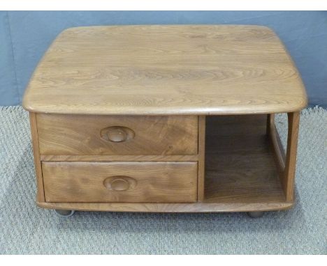 Ercol golden elm Pandora coffee table with two drawers and cubbyholes, W80 x D80 x H40cm