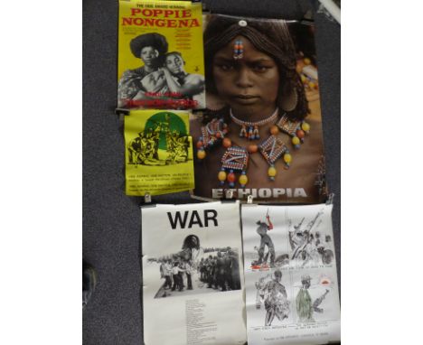 Political Pan African Congress black power posters, film posters featuring black women etc together with Latin script biblica