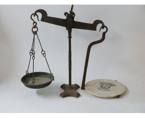 19thC shop beam scales with ceramic pan together with a quantity of weights 