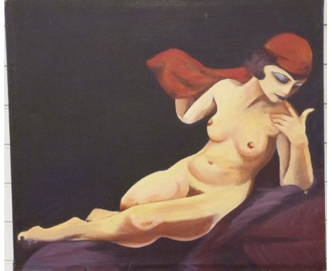 Linda Boucher oil on canvas of a nude wearing a head scarf in Art Deco style, monogramed LB lower right